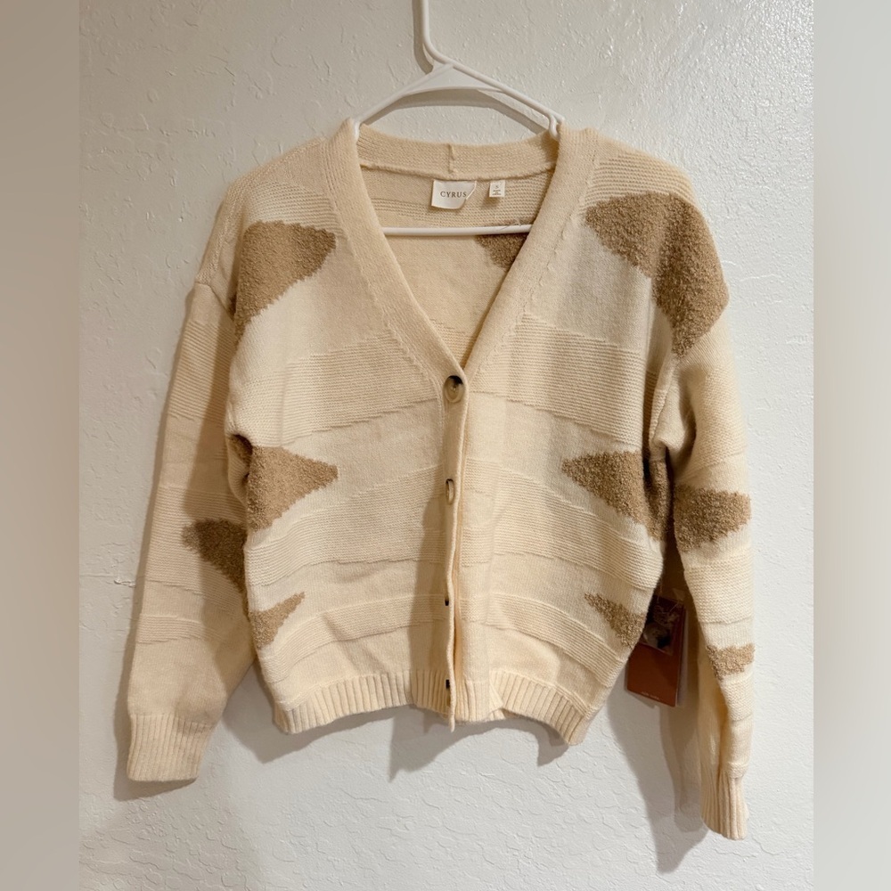 Cyrus Button Front Cream and Camel Cardigan Sweater size S - Picture 2 of 12